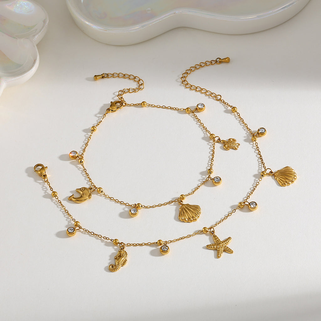 Elegante Lindo Básico Geométrico Estrella De Mar Delfín Acero Inoxidable 304 Chapados En Oro De 18K Circón Cadena Portacables Pulsera Con Múltiples Dijes.
