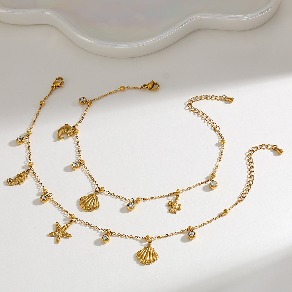 Elegante Lindo Básico Geométrico Estrella De Mar Delfín Acero Inoxidable 304 Chapados En Oro De 18K Circón Cadena Portacables Pulsera Con Múltiples Dijes.