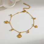 Elegante Lindo Básico Geométrico Estrella De Mar Delfín Acero Inoxidable 304 Chapados En Oro De 18K Circón Cadena Portacables Pulsera Con Múltiples Dijes.