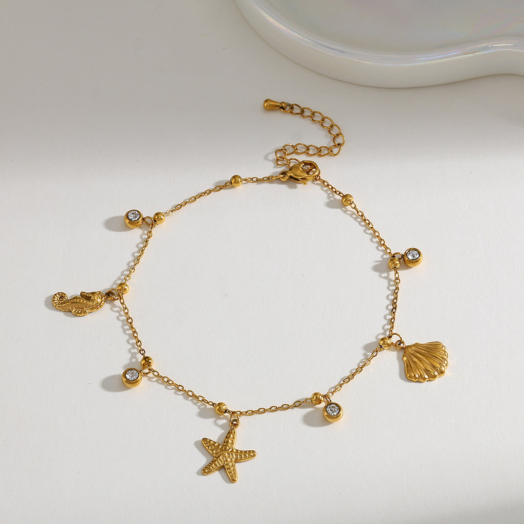 Elegante Lindo Básico Geométrico Estrella De Mar Delfín Acero Inoxidable 304 Chapados En Oro De 18K Circón Cadena Portacables Pulsera Con Múltiples Dijes.
