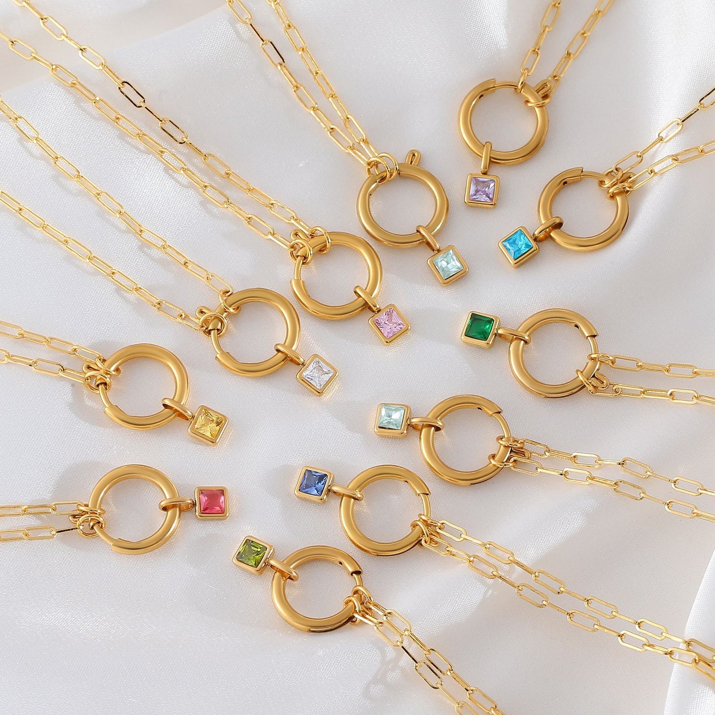 Collar De Acero Inoxidable Con Colgante Cuadrado De Piedra Del Zodiaco Colorido De Moda, Microincrustaciones De Zirconia, Joyería De Patrón Geométrico Unisex