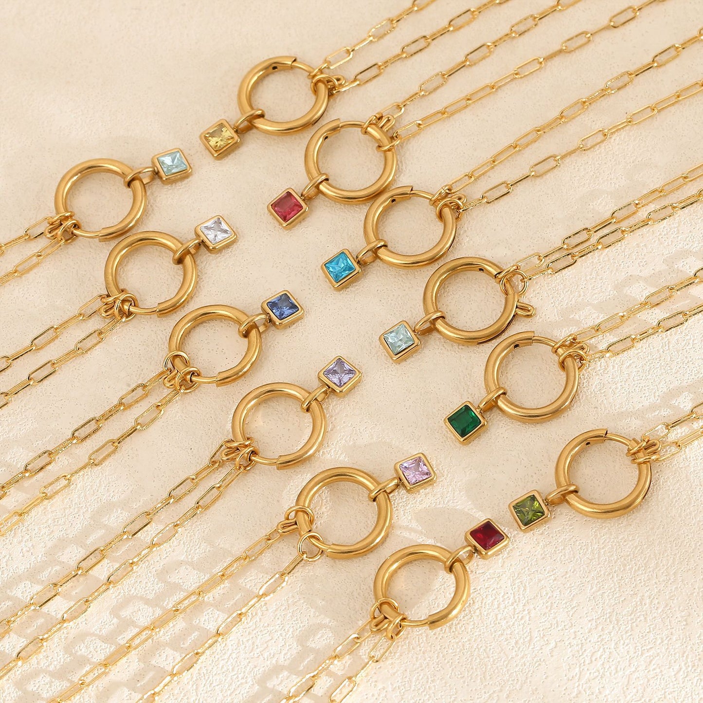 Collar De Acero Inoxidable Con Colgante Cuadrado De Piedra Del Zodiaco Colorido De Moda, Microincrustaciones De Zirconia, Joyería De Patrón Geométrico Unisex