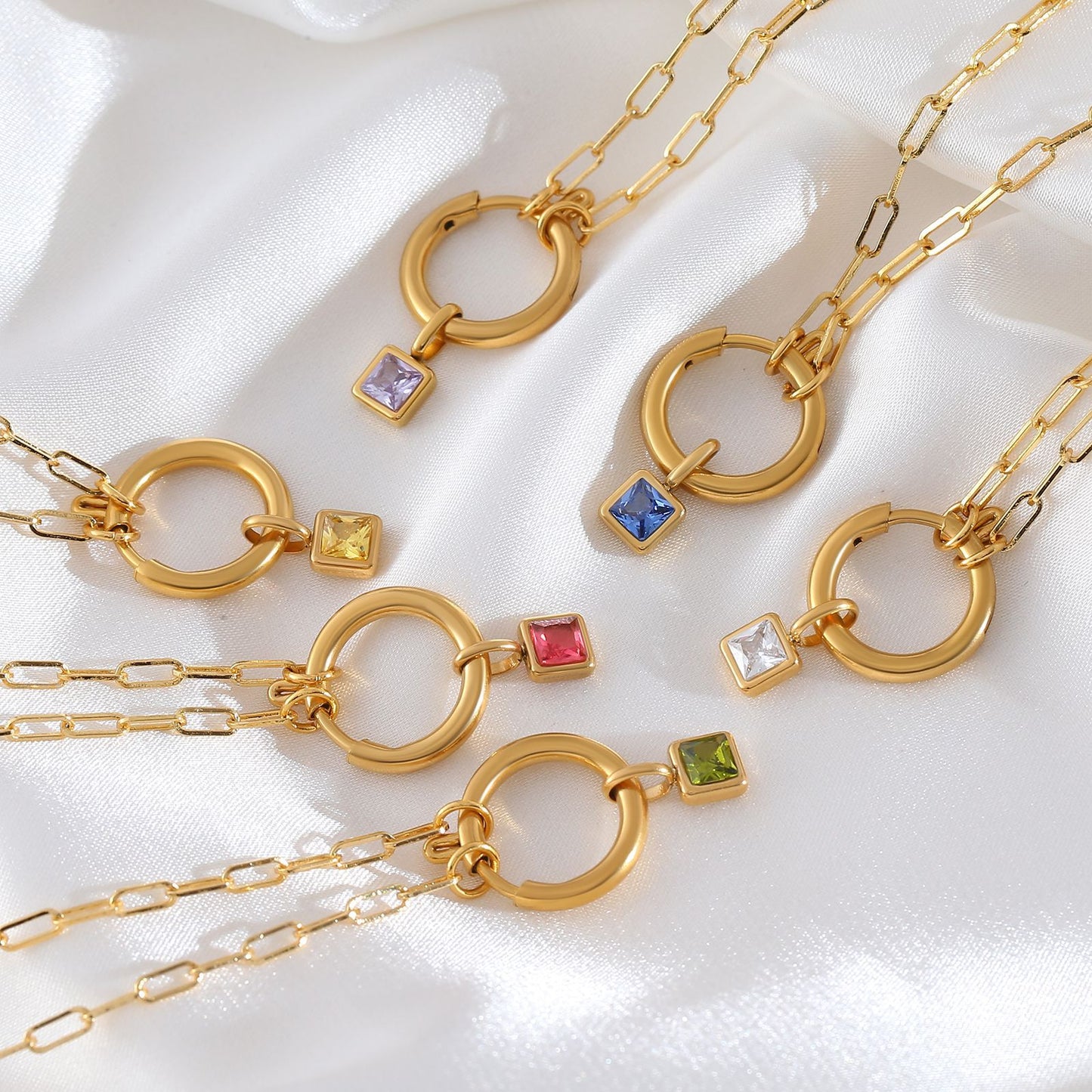 Collar De Acero Inoxidable Con Colgante Cuadrado De Piedra Del Zodiaco Colorido De Moda, Microincrustaciones De Zirconia, Joyería De Patrón Geométrico Unisex