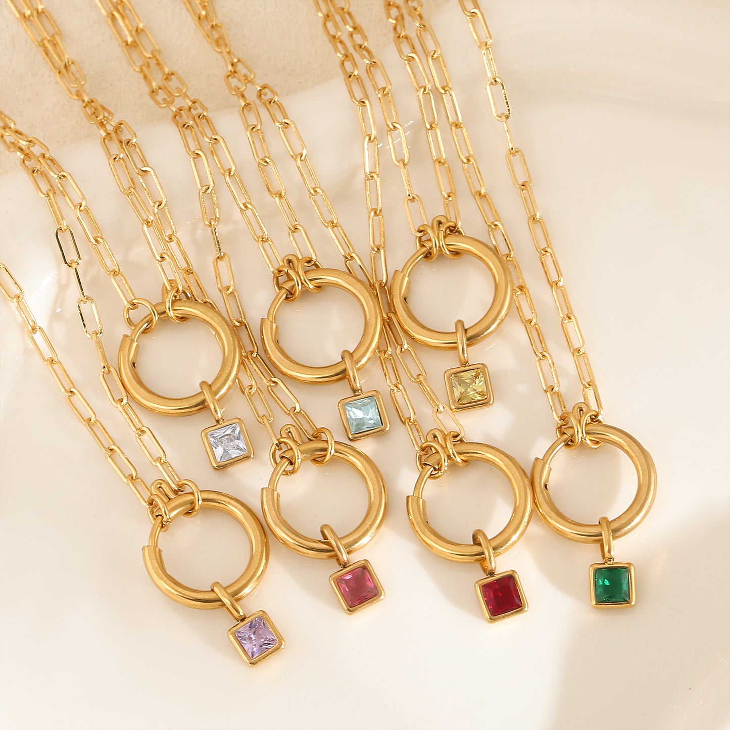 Collar De Acero Inoxidable Con Colgante Cuadrado De Piedra Del Zodiaco Colorido De Moda, Microincrustaciones De Zirconia, Joyería De Patrón Geométrico Unisex