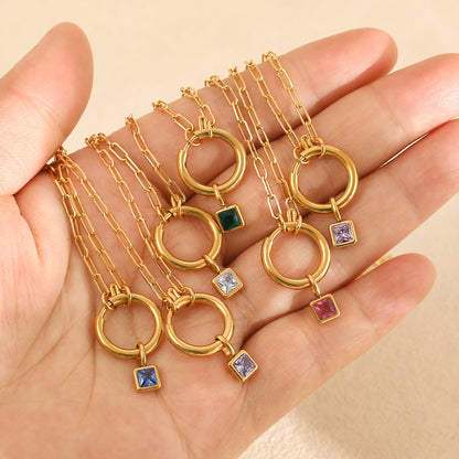 Collar De Acero Inoxidable Con Colgante Cuadrado De Piedra Del Zodiaco Colorido De Moda, Microincrustaciones De Zirconia, Joyería De Patrón Geométrico Unisex