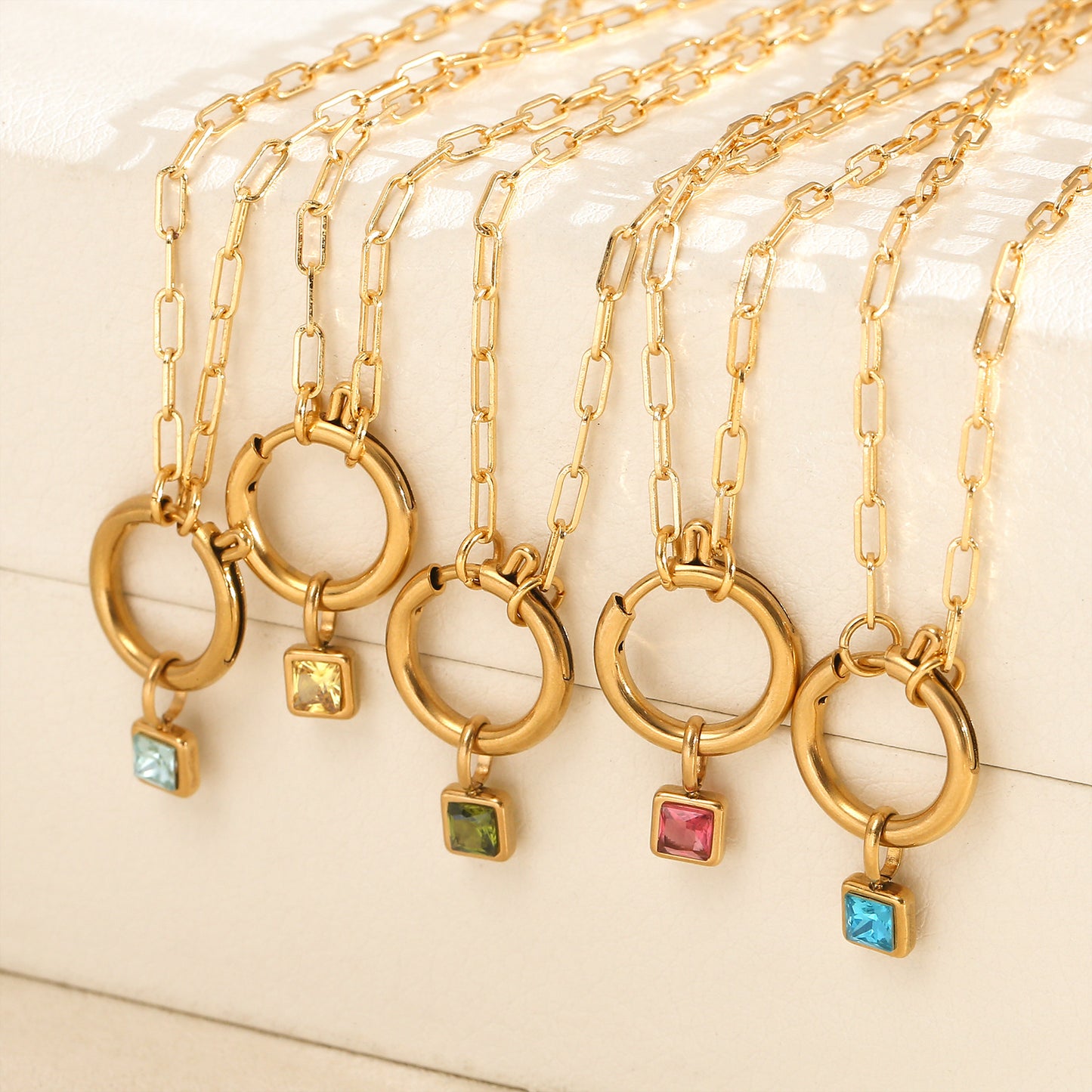 Collar De Acero Inoxidable Con Colgante Cuadrado De Piedra Del Zodiaco Colorido De Moda, Microincrustaciones De Zirconia, Joyería De Patrón Geométrico Unisex