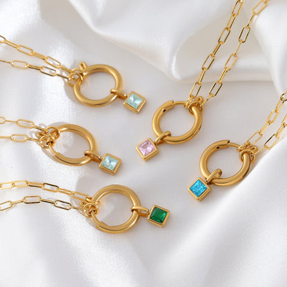 Collar De Acero Inoxidable Con Colgante Cuadrado De Piedra Del Zodiaco Colorido De Moda, Microincrustaciones De Zirconia, Joyería De Patrón Geométrico Unisex