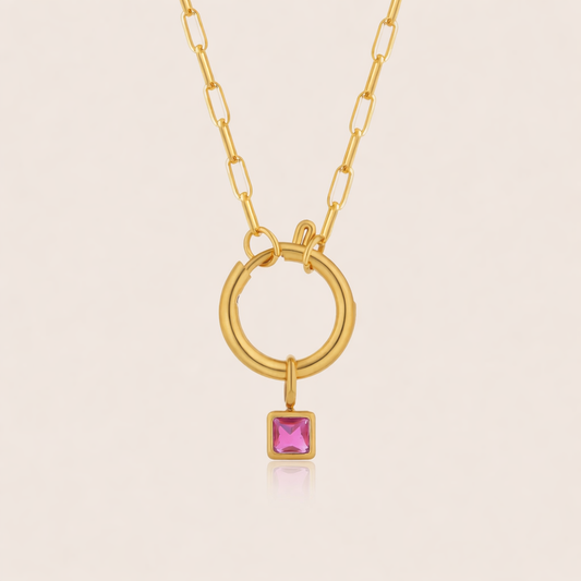 Collar De Acero Inoxidable Con Colgante Cuadrado De Piedra Del Zodiaco Colorido De Moda, Microincrustaciones De Zirconia, Joyería De Patrón Geométrico Unisex